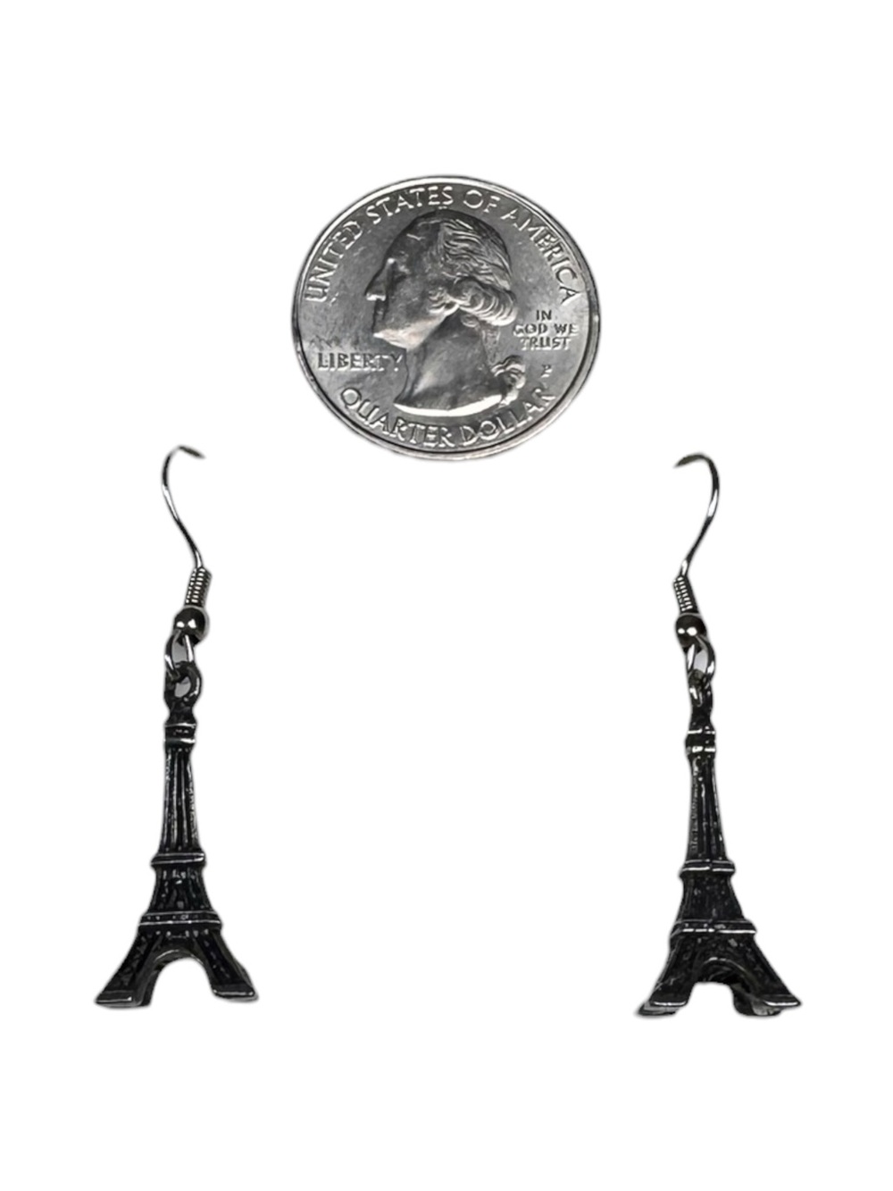 Paris Eiffel Tower Dangle Earrings Gunmetal Silver French Hook Travel Charm - Picture 2 of 4